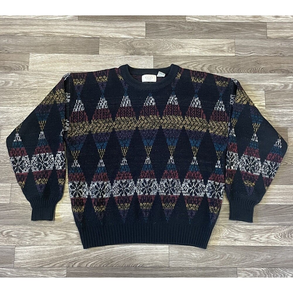 Vintage Sears Acrylic Knit Sweater Men’s Large Argyle Hipster Cosby Biggie